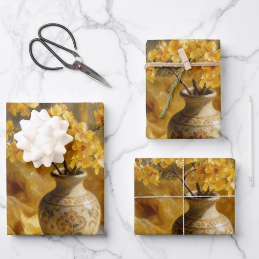 Goldene Blütenvase Geschenkpapier Set (Vorderseite)