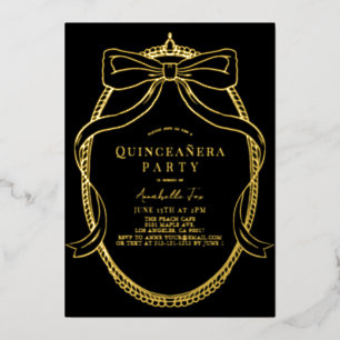 Goldene Bogenband-Tiara-Rahmen-Schwarze Quinceañer Folieneinladung