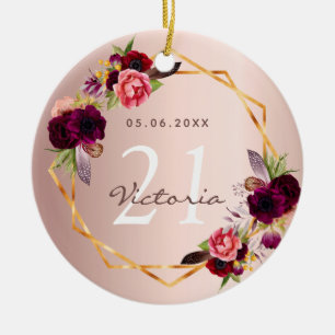 Goldene Bordeaux-Rose zum Geburtstag Keramik Ornament