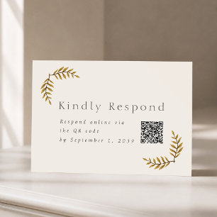 Goldene botanische Hochzeits-RSVP-Karte mit QR-Cod Einladung