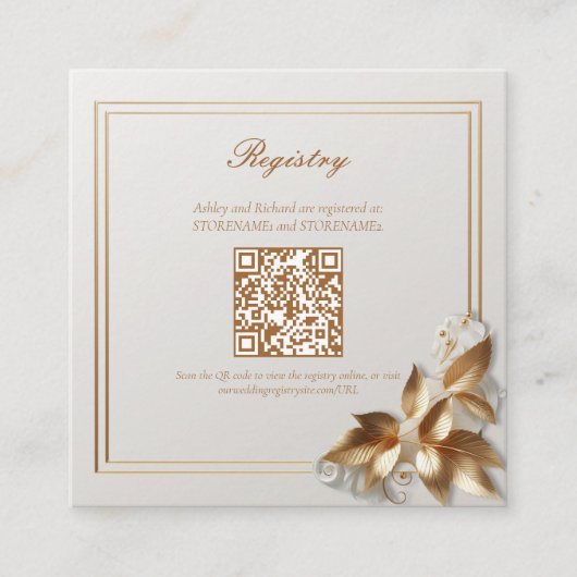 Goldene botanische Hochzeitsgeschenkliste QR-Code Begleitkarte (Vorderseite)