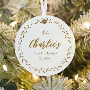 Goldene Botanische Personalisierte Erstes Weihnach Ornament Aus Metall