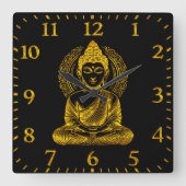 Goldene Buddha Skulptur in der Pose Serene Meditat Quadratische Wanduhr (Vorderseite)