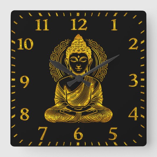 Goldene Buddha Skulptur in der Pose Serene Meditat Quadratische Wanduhr (Vorderseite)