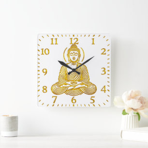 Goldene Buddha-Statue in Meditation Quadratische Wanduhr