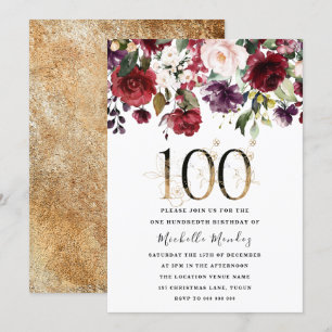 Goldene Burgunder-Flora-Elegant 100. Geburtstagspa Einladung