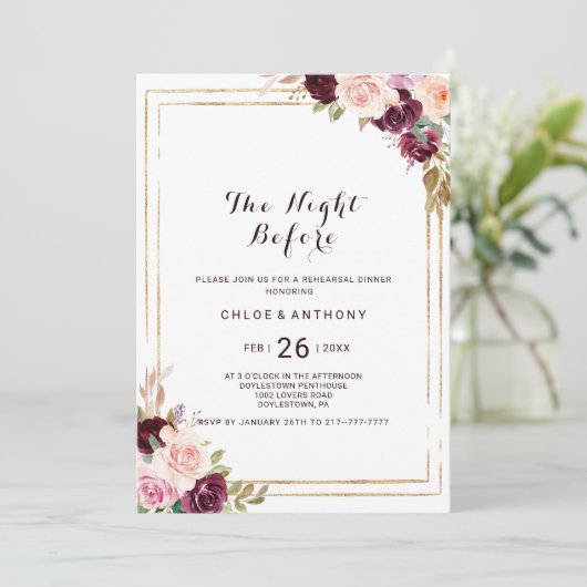 Goldene Burgundfloral Die Nacht vor Einladung (Stehend Vorderseite)