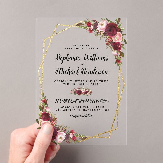 Goldene Burgundy-Hochzeit Acryleinladungen (Insitu (Handheld))