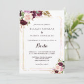Goldene Burgundy Spanische Hochzeit Einladung (Stehend Vorderseite)