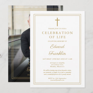 Goldene christliche Feier des Lebens Trauerfoto Einladung