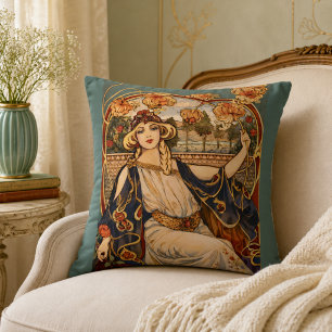 Goldene Chrysanthemen-Muse – Art Nouveau Floral Kissen