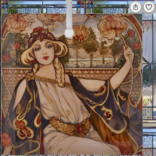 Goldene Chrysanthemen-Muse – Art Nouveau Floral Ornament Aus Glas