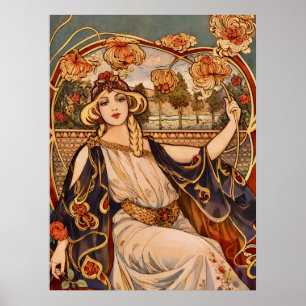 Goldene Chrysanthemen-Muse – Art Nouveau Floral  Poster