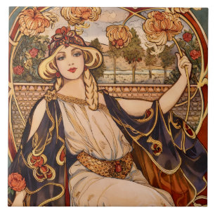 Goldene Chrysanthemum-Muse – Art Nouveau Floral  Fliese