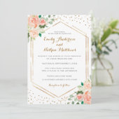 Goldene Confetti-Peach-Aquarellblume Hochzeit Einladung (Stehend Vorderseite)