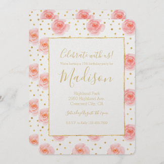 Goldene Confetti Pink Aquarellfarben Rose Geburtst Einladung