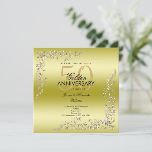 Goldene Dekoration 50. Hochzeitstag Einladung (Stehend Vorderseite)