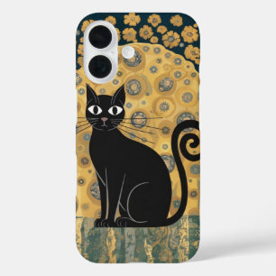 Goldene dekorative Gustav-Klimt-Style-Schwarze-Kat iPhone 16 Hülle