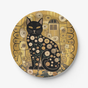 Goldene dekorative Gustav-Klimt-Style-Schwarze-Kat Pappteller