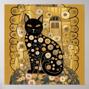 Goldene dekorative Gustav-Klimt-Style-Schwarze-Kat Poster