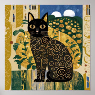 Goldene dekorative Gustav-Klimt-Style-Schwarze-Kat Poster
