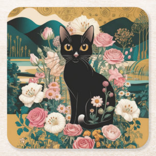 Goldene dekorative Gustav-Klimt-Style-Schwarze-Kat Rechteckiger Pappuntersetzer