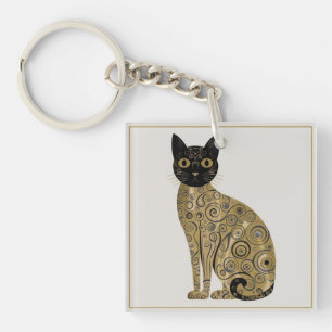 Goldene dekorative Gustav-Klimt-Style-Schwarze-Kat Schlüsselanhänger