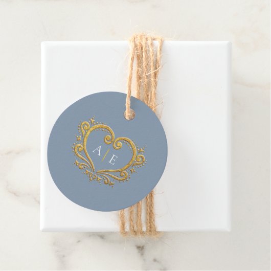 Goldene dekorative Herz-Monogram-Dusty Blue Geschenkanhänger (Beispiel)