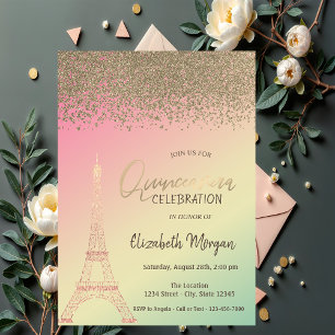 Goldene Diamanten, Eiffelturm Ombre Quinceañera Einladung
