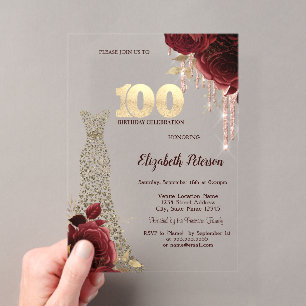 Goldene Diamanten Kleid Rote Rosen 100. Geburtstag Acryleinladungen