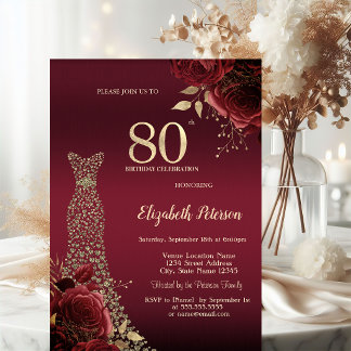 Goldene Diamantenkleid rote Rosen 80. Geburtstag Einladung