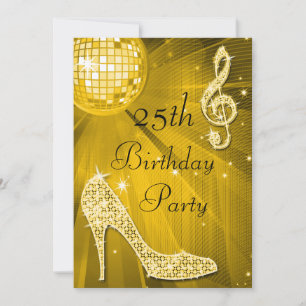 Goldene Disco-Kugel und Absätze 25. Geburtstag Einladung