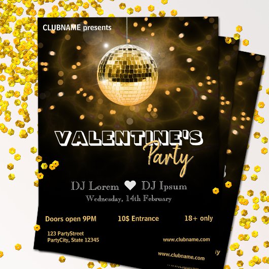 Goldene Disco-Kugel Valentinstag Party Flyer