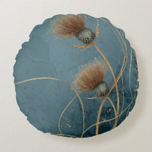 Goldene Distel Teal Blaue Textur Eleganz Rundes Kissen