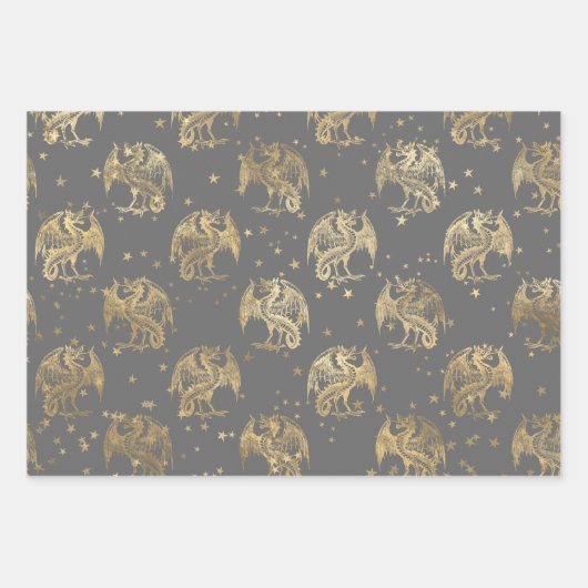 Goldene Drachen und Sterne Geschenkpapier Set (Vorderseite)