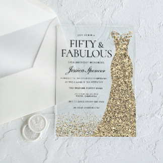 Goldene Dress Womans 50. Geburtstagsparty Acryleinladungen
