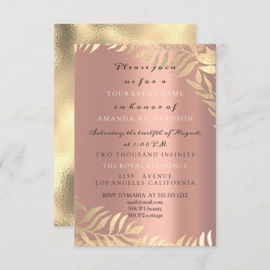 Goldene Dschungel Rose Rosa Einladung (Vorne/Hinten)