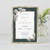 Goldene, dunkelgrüne, elegante Orchideenhochzeit Einladung (Stehend Vorderseite)