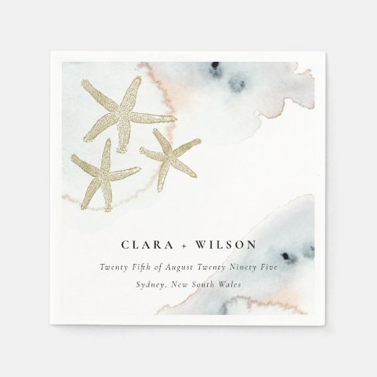 Goldene Dusky Blue Beachy Starfish Wasserfarbenhoc Serviette (Vorderseite)