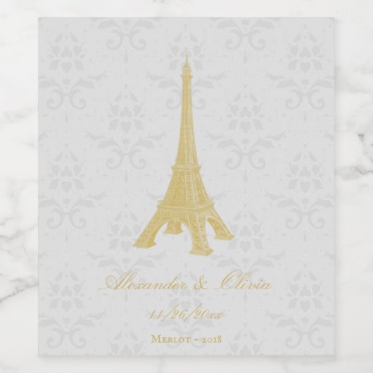 Goldene Eiffelturm Damask Hochzeitsweinmarke Weinetikett (Einzelnes Label)