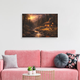 "Goldene Einsamkeit: Mountain Cabin im Impasto-Sti Leinwanddruck