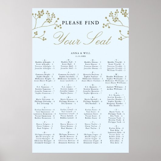 Goldene EisWinter Hochzeit Alphabetische Sitzkarte Poster (Vorne)