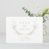 Goldene, elegante botanische Blätter Hochzeit Save The Date (Stehend Vorderseite)