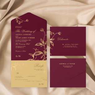 Goldene, elegante botanische Hochzeit All In One Einladung