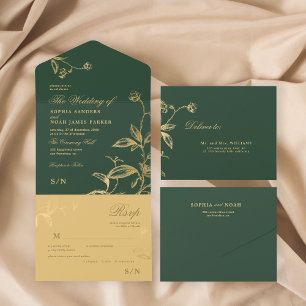 Goldene, elegante botanische Hochzeit All In One Einladung