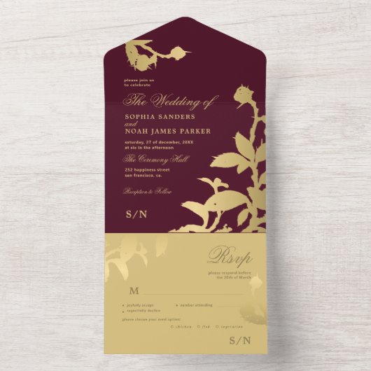 Goldene, elegante botanische Hochzeit All In One Einladung (Innen Boden)