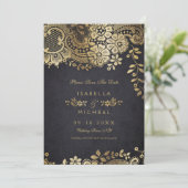 Goldene, elegante Hochzeitsfeier retten das Datum Save The Date (Stehend Vorderseite)