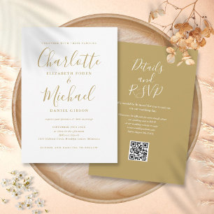 Goldene elegante moderne Schrift QR-Code Hochzeit Einladung