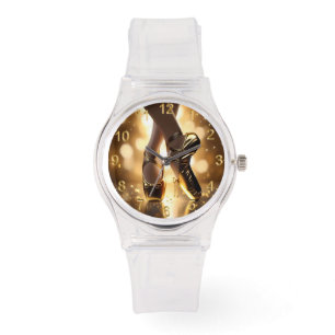 Goldene Eleganz: Ballerina Schuhe auf Gold Bokeh Armbanduhr