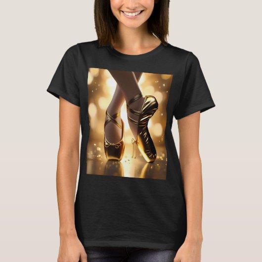 Goldene Eleganz: Ballerina Schuhe auf Gold Bokeh T-Shirt (Vorderseite)